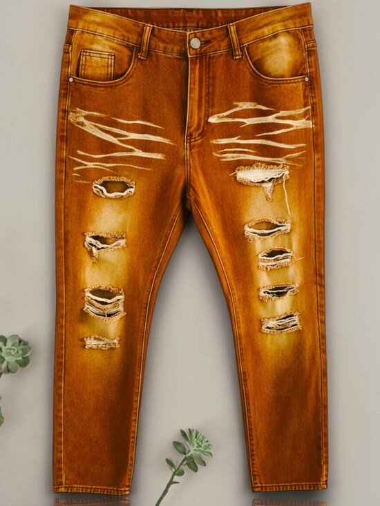 Custom Made Other - Brown Distressed Slim-Fit Jeans Size 36 Cotton-Polyester Blend Casual Style With